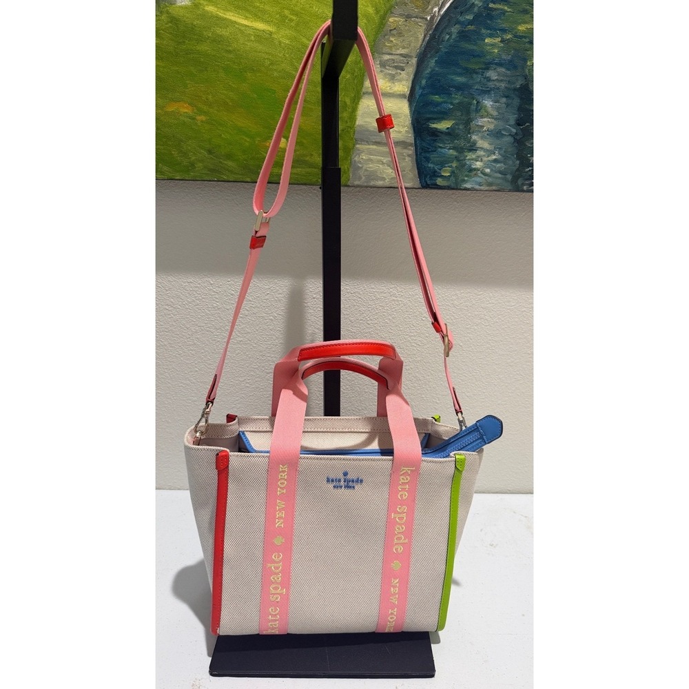 Kate Spade Manhattan Small Tote Bag Canvas Multicolor Pink Green Blue Cream